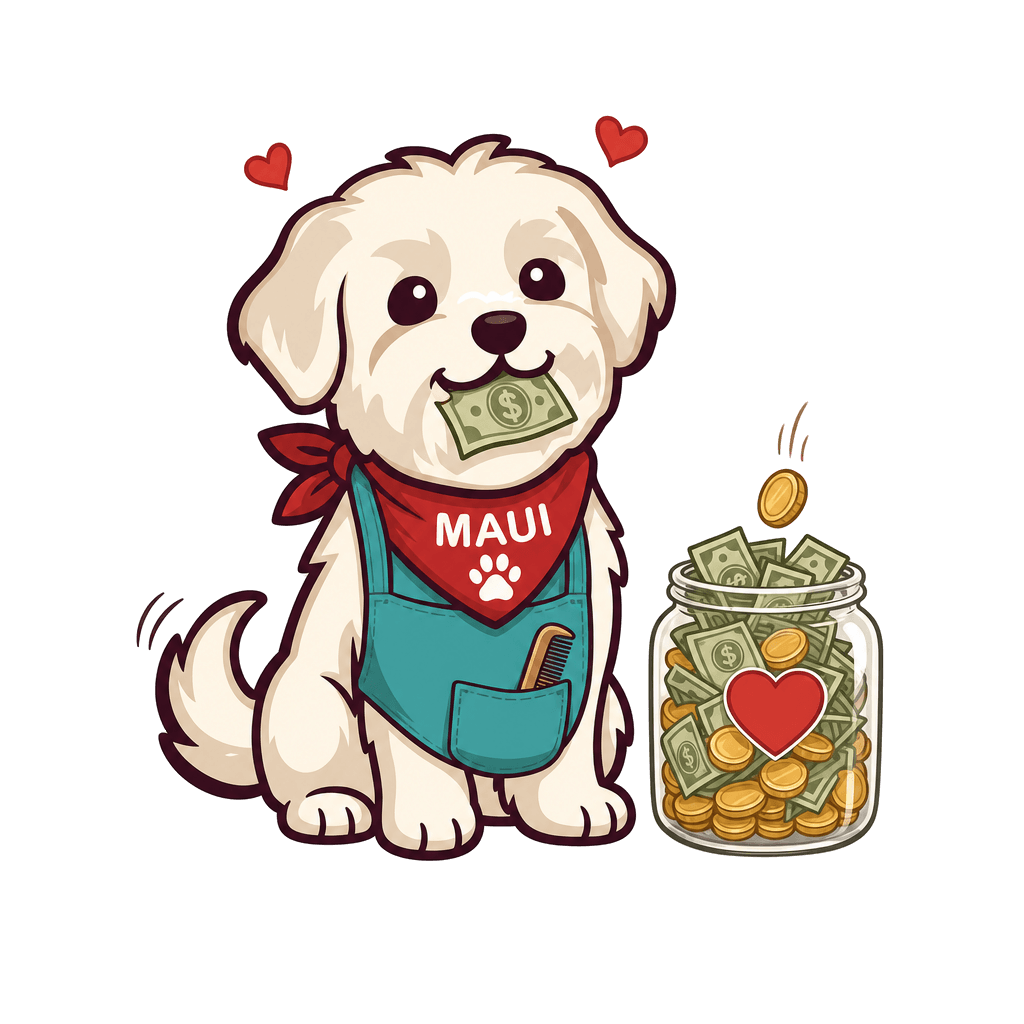 Maui in a teal groomer's apron holding a folded dollar bill in his mouth beside an overflowing tip jar with a red heart