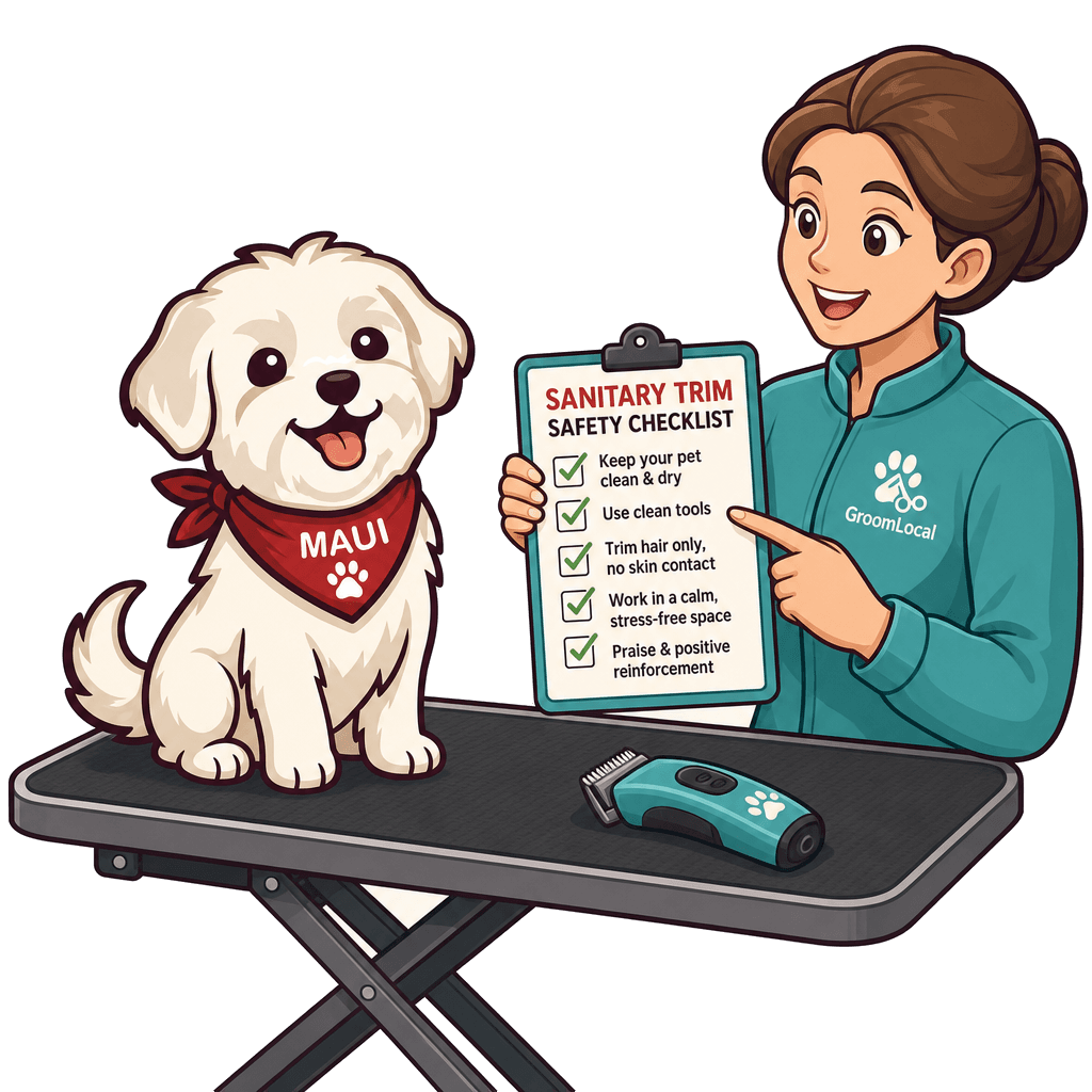 Maui reviewing a dog sanitary trim safety checklist with a groomer