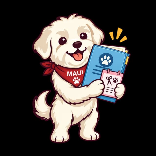 Maui stands on his hind legs holding his vaccination record folder and a grooming appointment card