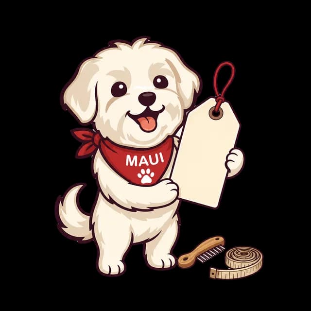 Maui the GroomLocal dog standing on his hind legs holding up a large blank price tag, with a comb and a measuring tape at his feet