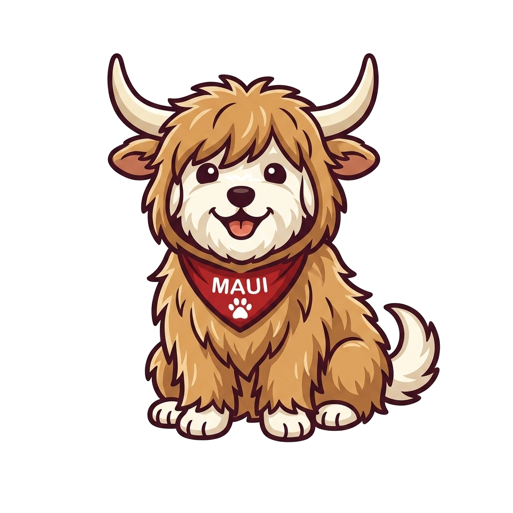 Maui illustrated in a shaggy Highland cow outfit