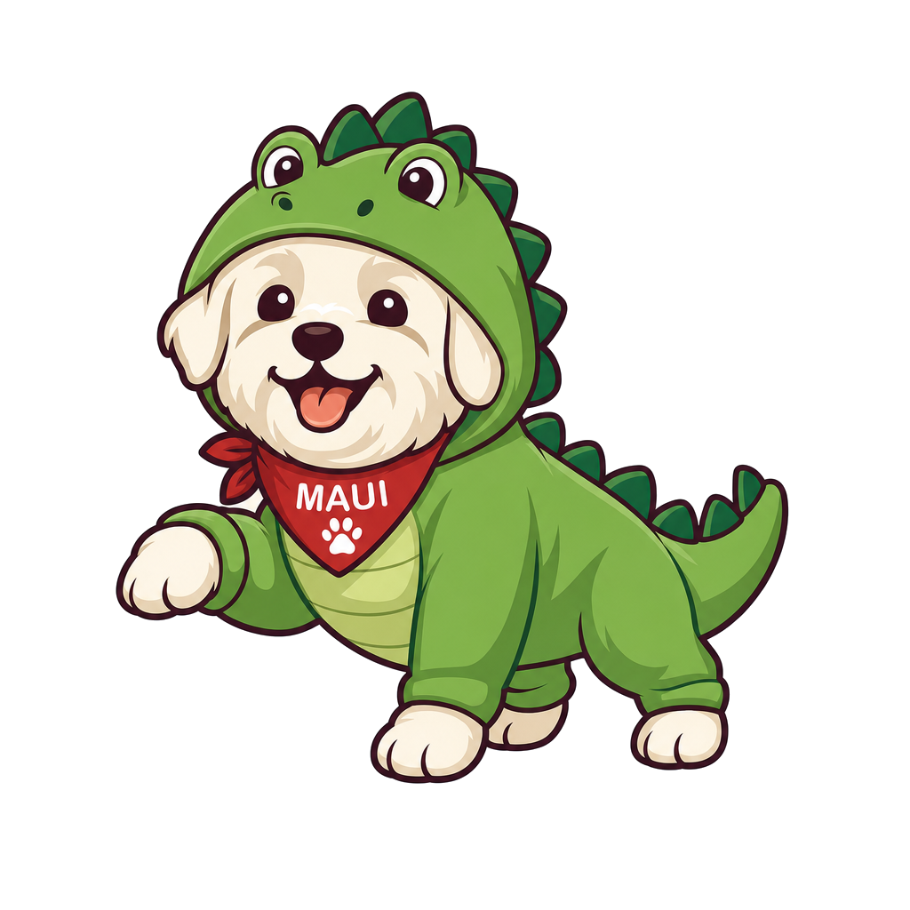 Maui illustrated in a green dinosaur hoodie