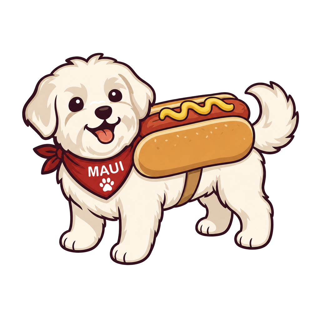 Maui illustrated in a hot dog outfit with a bun detail