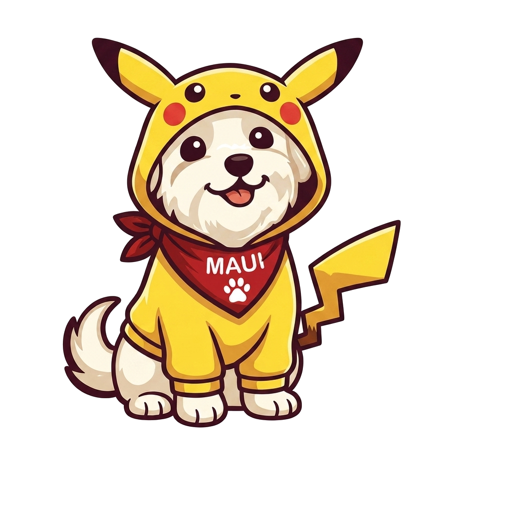 Maui illustrated in a yellow Pikachu-inspired hoodie