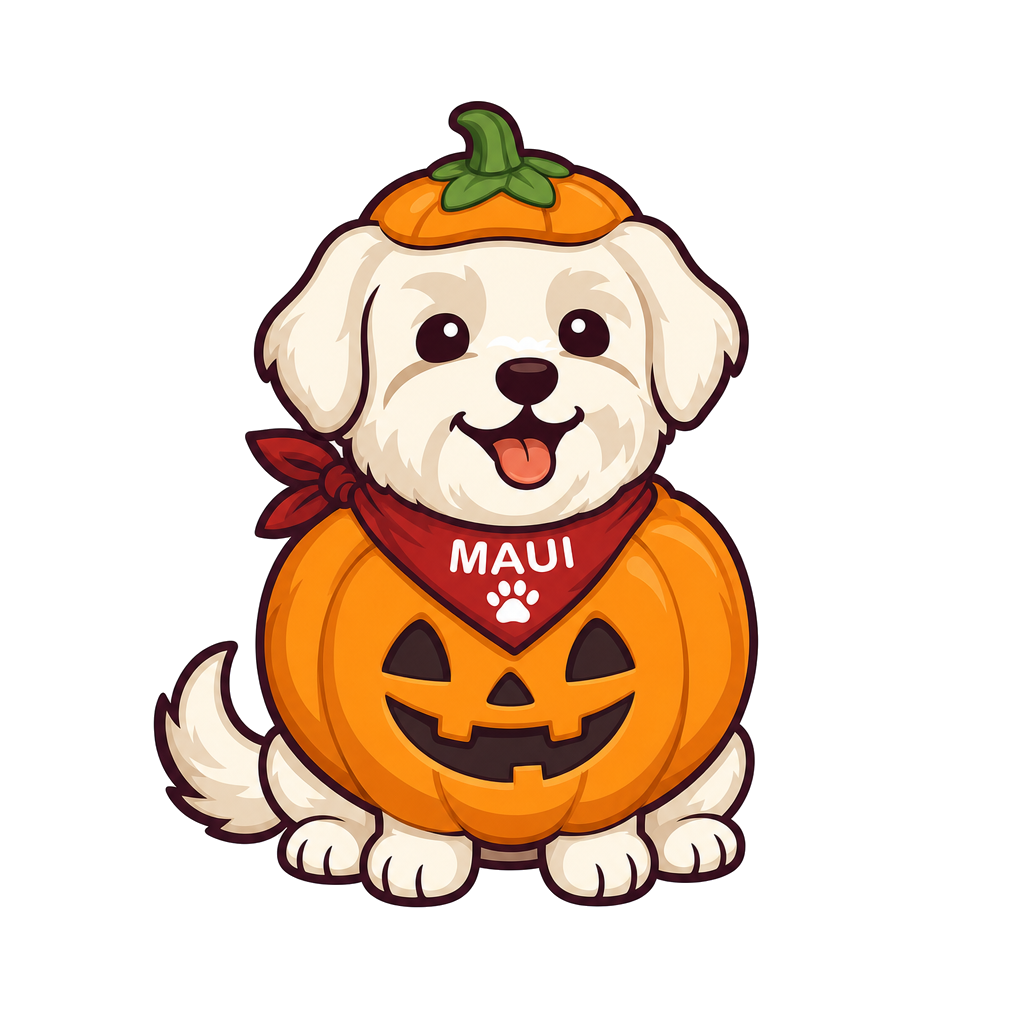 Maui illustrated in an orange pumpkin outfit