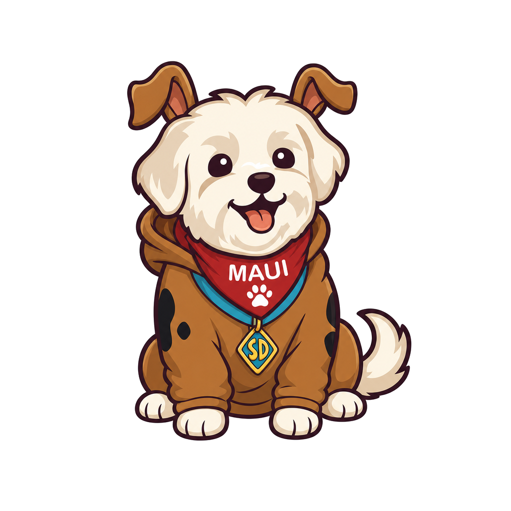 Maui illustrated in a Scooby-Doo-inspired outfit