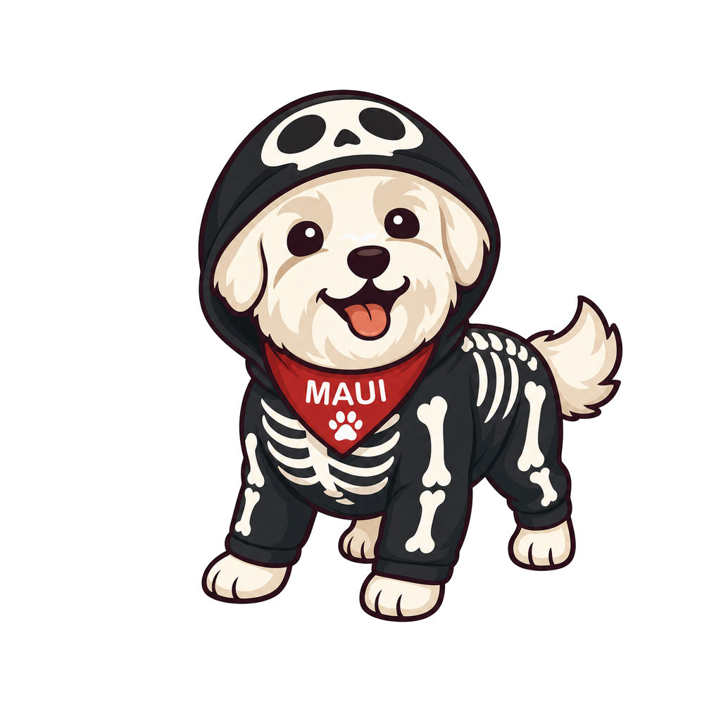Maui illustrated in a black skeleton hoodie
