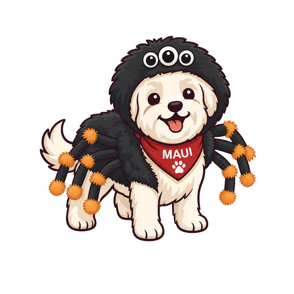 Maui illustrated in a fuzzy spider costume